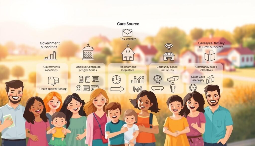 A bright, informative illustration showcasing various child care funding options. In the foreground, a cheerful, diverse group of families with children, each representing a different financial situation. In the middle ground, an array of funding sources such as government subsidies, tax credits, employer-sponsored programs, and community-based initiatives, depicted through simple icons and graphics. The background features a soft, blurred landscape of a vibrant, family-friendly community, conveying a sense of support and accessibility. The lighting is warm and inviting, creating an atmosphere of optimism and empowerment around the topic of affordable child care.