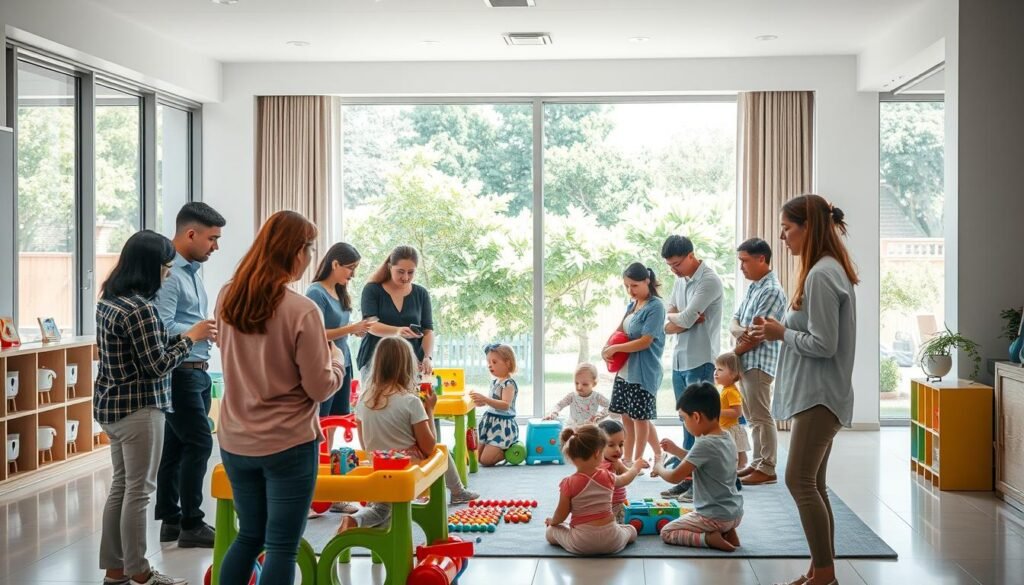 A brightly lit, modern daycare interior with a warm, welcoming atmosphere. In the foreground, a group of adults engaged in interactive training activities, demonstrating techniques for engaging with children. In the middle ground, a diverse mix of children actively participating in educational playtime, surrounded by colorful toys and learning materials. The background features large windows overlooking a lush, verdant outdoor play area, with soft, diffused natural lighting filtering in. The overall scene conveys a sense of professionalism, care, and the opportunity to gain valuable experience in a nurturing, supportive environment.
