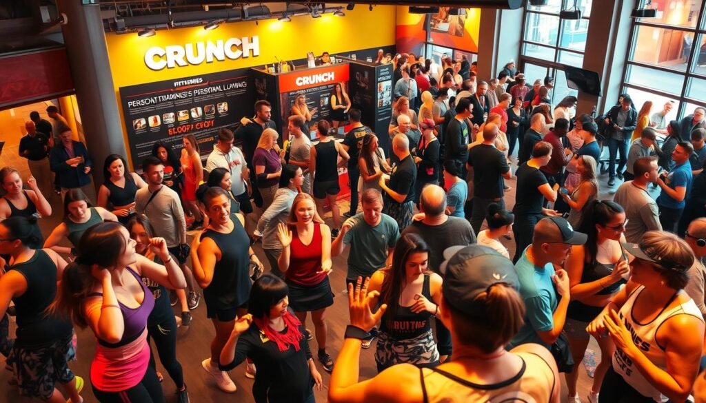 A bustling community event at Crunch Fitness, with a vibrant and energetic atmosphere. In the foreground, a group of people engaged in a lively group exercise class, their movements synchronized to the upbeat music. In the middle ground, a booth showcasing the various amenities and services offered by the gym, such as personal training and group classes. In the background, a diverse crowd of members mingling and chatting, some enjoying refreshments at a snack bar. Warm lighting illuminates the scene, creating a welcoming and inclusive ambiance. The overall composition conveys a sense of community, camaraderie, and a commitment to health and wellness.