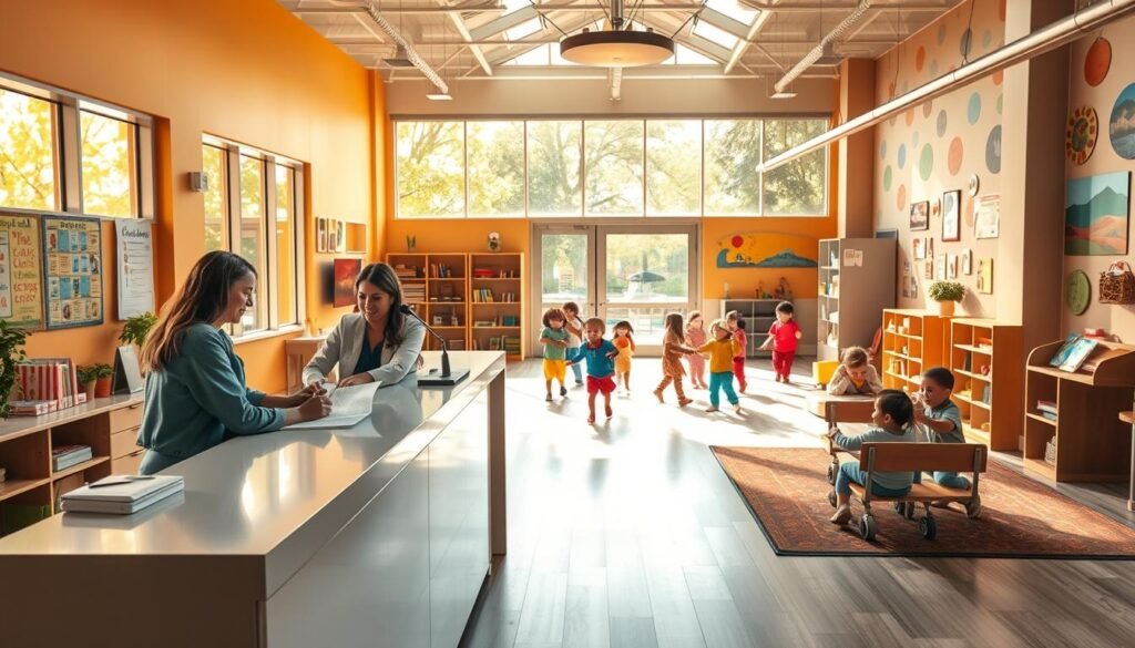 A bustling daycare center, warm sunlight streaming through large windows illuminating a welcoming reception area. In the foreground, a parent fills out enrollment paperwork at a sleek, modern desk, assisted by a friendly staff member. In the middle ground, children engage in lively play, their laughter and chatter filling the air. The background features vibrant educational displays, colorful murals, and cozy reading nooks, conveying a sense of learning and discovery. The overall atmosphere is one of care, comfort, and excitement as families navigate the childcare enrollment process.