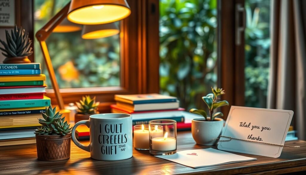 A cozy home office nook with a wooden desk, succulents, and a stack of colorful books. In the foreground, an assortment of thoughtful yet budget-friendly gifts for childcare professionals - a personalized mug, a set of scented candles, a handmade card, and a small potted plant. Warm, golden lighting from a desk lamp creates a welcoming ambiance. The background features a large window overlooking a lush, green garden, adding a serene and calming atmosphere. The overall scene conveys a sense of appreciation and gratitude for the hard work of daycare teachers.