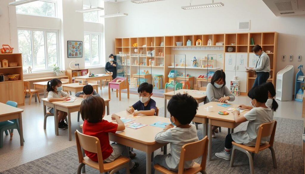 A cozy, well-equipped daycare center, with children engaged in various pandemic-adapted activities. In the foreground, a group of youngsters sit at spaced-out desks, diligently working on educational crafts and games with their masked teachers guiding them. In the middle ground, a play area features individual play stations, sanitized toys, and plexiglass dividers, allowing for safe social interaction. The background showcases a bright, airy space with natural lighting, large windows, and touchless hand sanitizer stations, reflecting the facility's commitment to health and safety protocols. An atmosphere of care, creativity, and adaptability permeates the scene.