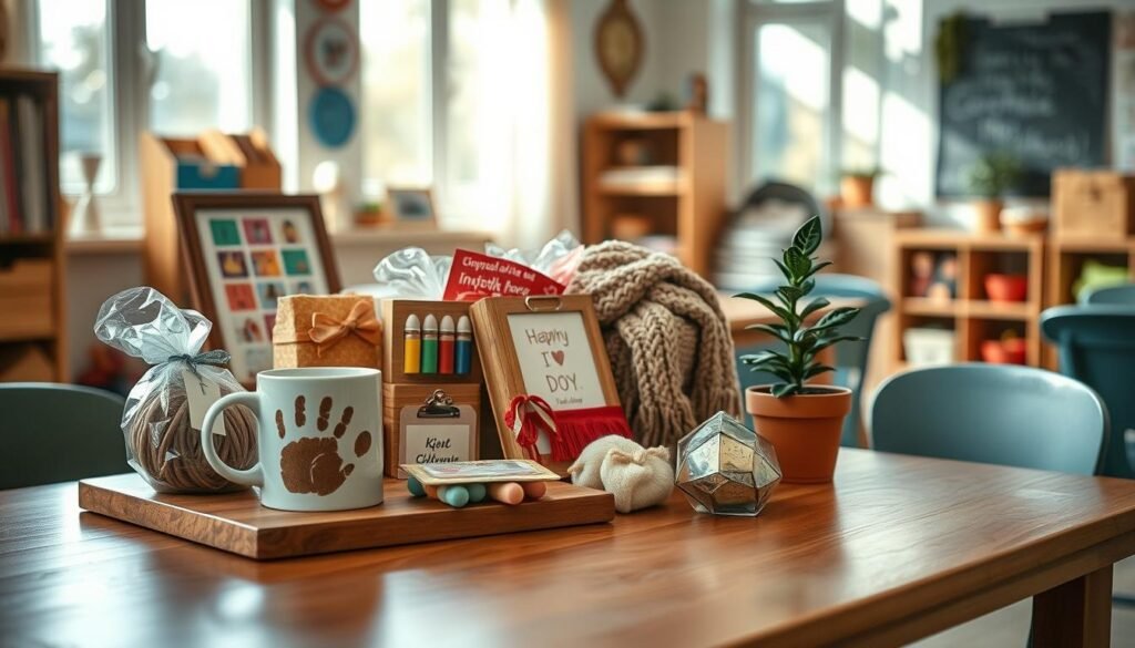 A cozy, well-lit classroom setting with a collection of thoughtful, personalized gifts for a daycare teacher. On a wooden table, an array of handmade crafts and DIY items including a ceramic mug with a child's handprint, a framed photo collage, a knitted scarf, and a small potted plant. The gifts are arranged neatly, showcasing their unique and heartfelt qualities. Soft, natural lighting filters through the windows, creating a warm and inviting atmosphere. The overall scene conveys a sense of appreciation, care, and the special bond between daycare teachers and their students.