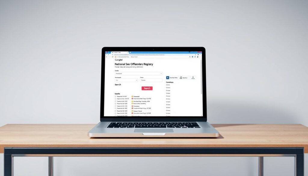 A high-quality 3D rendering of a national sex offender registry check website interface displayed on a laptop computer screen. The screen shows a detailed search form with fields for entering personal information, a prominent "Search" button, and a list of search results. The laptop is placed on a clean, minimalist desk with a sleek metal frame and a wooden surface. Soft, directional lighting illuminates the scene, creating subtle shadows and highlights that emphasize the technological nature of the subject. The overall mood is professional and informative, conveying the importance of thorough background checks in the context of working with children.