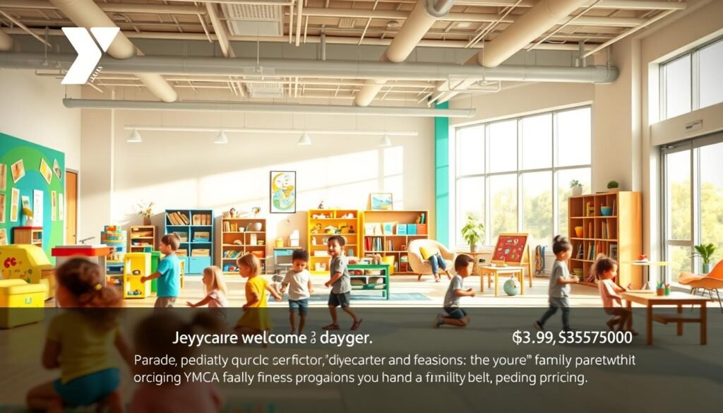 A modern, bright and welcoming daycare center, with an engaging learning environment. In the foreground, a group of children playing and engaged in various activities, conveying a sense of vibrancy and joy. The middle ground showcases educational toys, learning materials, and a cozy reading nook, highlighting the enriching curriculum. The background depicts a spacious, sunlit indoor space with colorful walls, large windows, and clean, well-maintained facilities. The lighting is warm and natural, creating a calming and nurturing atmosphere. The overall scene conveys the high-quality, family-friendly nature of the YMCA daycare, showcasing the pricing details that parents would find informative.