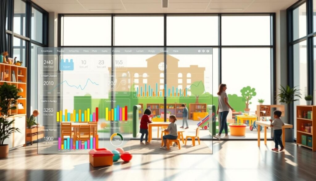 A modern, well-lit office interior with large windows overlooking a bustling daycare center. In the foreground, a sleek, intuitive dashboard display showcases real-time data and metrics for childcare management, including enrollment numbers, staff schedules, and activity tracking. In the middle ground, caregivers and children interact in a brightly colored, stimulating environment filled with educational toys and learning materials. The background features a stylized silhouette of the daycare building, conveying a sense of professionalism and technological sophistication. The overall atmosphere is one of efficiency, organization, and a commitment to providing the best possible care for young children.