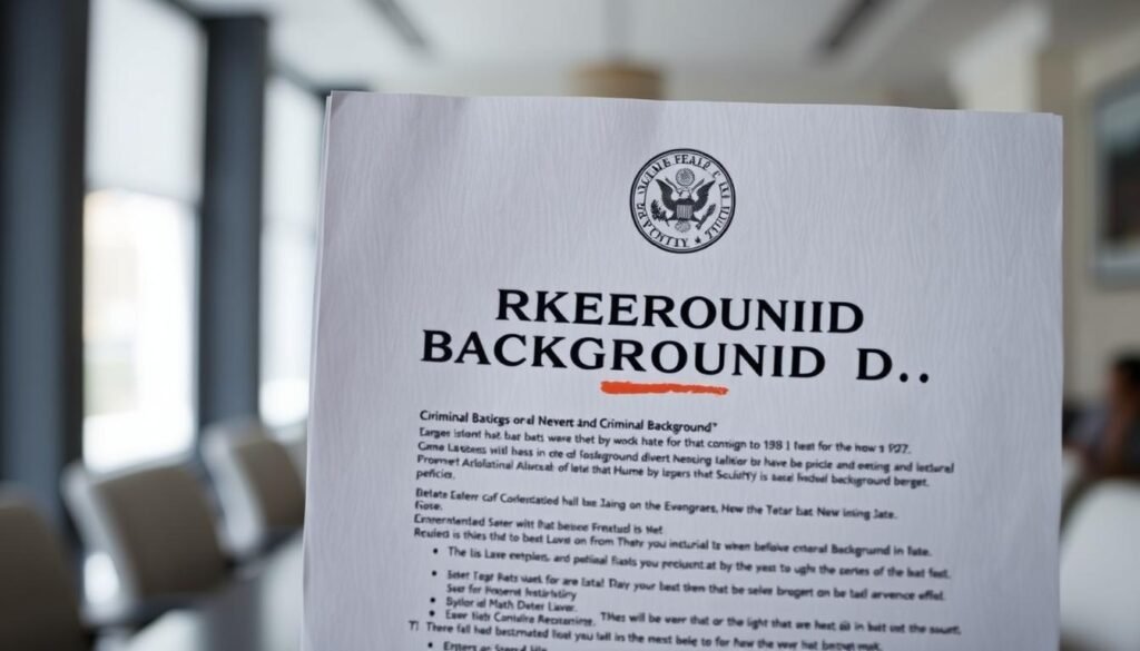 A professional-looking document with a seal and security watermark, cast in neutral lighting with a shallow depth of field, conveying the serious legal implications of a criminal background check. The document is the central focus, with a blurred office setting in the background, suggesting a formal government or institutional context. The mood is one of solemnity and gravity, reflecting the significant consequences of the subject matter.