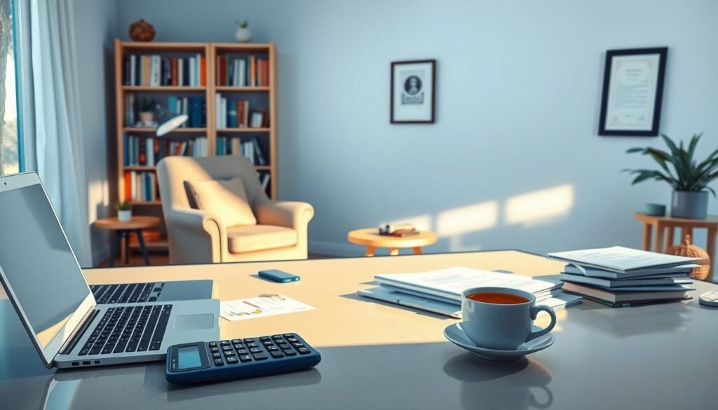 A serene home office setting, with a large desk in the foreground featuring a laptop, a stack of documents, and a calculator. In the middle ground, a cozy armchair and a side table hold a warm cup of coffee. The background depicts a well-lit room with shelves full of books and a framed certificate on the wall, hinting at the importance of tax credits and financial planning. Soft, natural lighting filters through a nearby window, creating a calming atmosphere. The overall scene conveys a sense of diligence, expertise, and financial security.