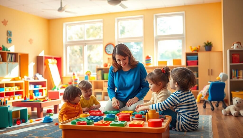 A sunlit, inviting classroom with colorful learning materials and engaging activities. In the foreground, children are gathered around a teacher, their faces lit with wonder as they explore educational toys and puzzles. The middle ground features an array of developmental stations - a reading nook, an art corner, and a cozy play area with soft blocks and plush animals. The background showcases large windows allowing natural light to flood the space, creating a warm, nurturing environment. The overall scene conveys a sense of discovery, learning, and growth - a high-quality child development program that fosters curiosity and supports early learning.