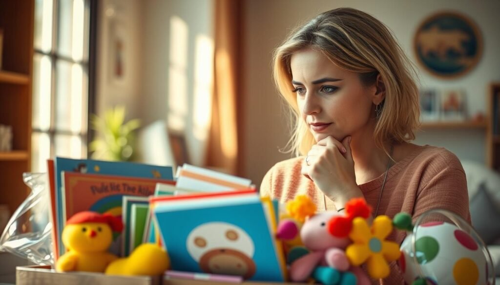 A thoughtful woman carefully examines an assortment of colorful children's books, plush toys, and craft supplies, her expression one of focused consideration. The scene is lit by warm, natural light streaming through a window, casting a gentle glow on the items and creating inviting shadows. The background is blurred, keeping the attention on the woman's contemplative process of selecting the perfect daycare teacher gift. The overall mood is one of care, creativity, and the desire to choose a present that will be truly appreciated.