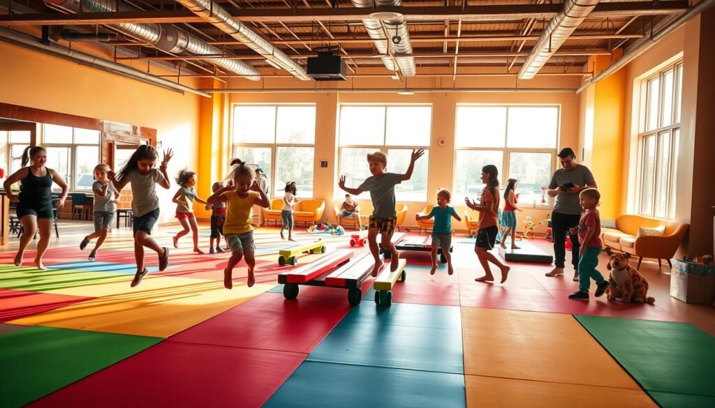 A vibrant indoor fitness studio, flooded with warm, natural lighting. In the foreground, a group of children engaged in lively physical activities - jumping, stretching, and playing games under the watchful supervision of enthusiastic instructors. The middle ground features colorful mats, balance beams, and other child-friendly exercise equipment, inviting the young participants to explore and challenge their physical abilities. In the background, a cozy seating area with plush chairs and toys, creating a welcoming atmosphere for parents to observe and relax. The overall scene exudes an energetic, nurturing, and family-friendly vibe, perfectly capturing the essence of Crunch Fitness's kid-focused activities.