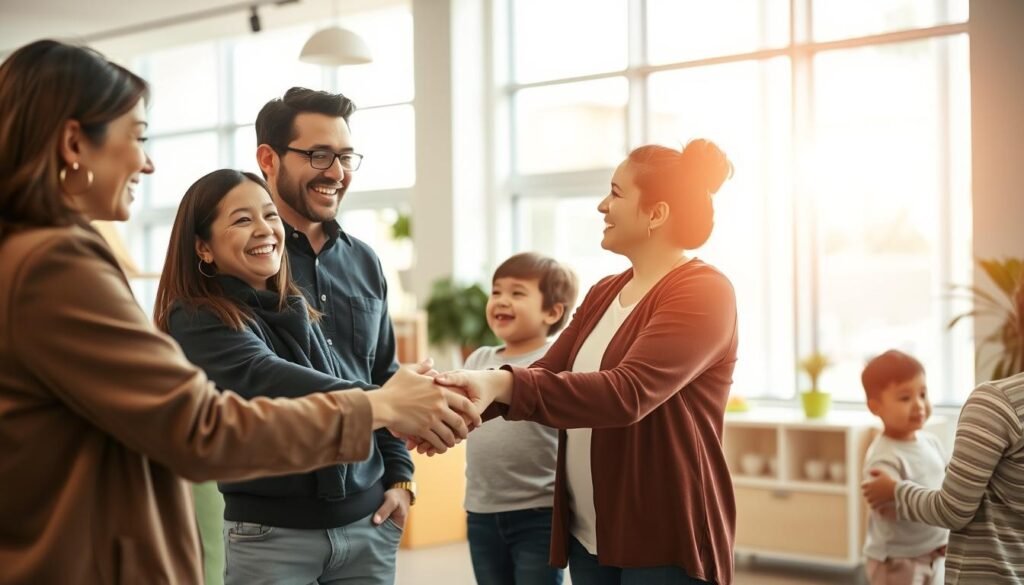 A warm, inviting scene of a prospective family engaged in friendly communication with daycare staff. Foreground depicts a smiling mother and father warmly shaking hands with a cheerful, welcoming daycare director, showcased in a well-lit lobby with natural lighting filtering through large windows. Middle ground shows a young child happily interacting with a daycare caregiver, creating a sense of trust and comfort. Background features clean, modern decor that conveys professionalism and attention to detail. The overall atmosphere is one of open, positive dialogue, reflecting the daycare's commitment to connecting with prospective families.