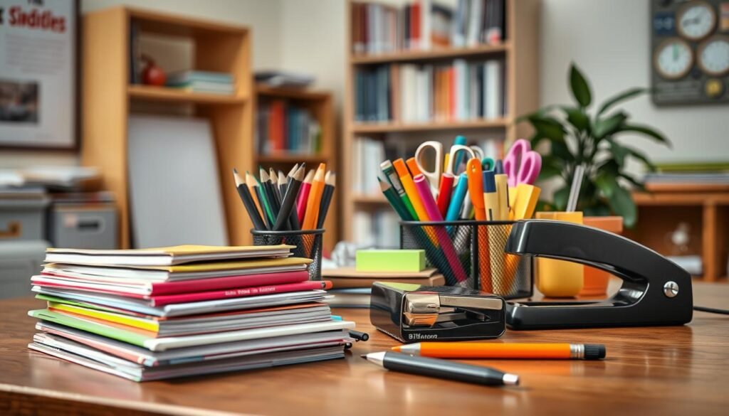 A well-lit classroom scene with a variety of essential teaching supplies artfully arranged on a wooden desk. In the foreground, a stack of colorful notebooks, a set of high-quality pens and pencils, and a sleek stapler. In the middle ground, a desktop organizer holding scissors, highlighters, and sticky notes. In the background, a bookshelf filled with educational resources and a potted plant adding a touch of greenery. The lighting casts a warm, inviting glow, creating a cozy and organized atmosphere perfect for a teacher's workspace.
