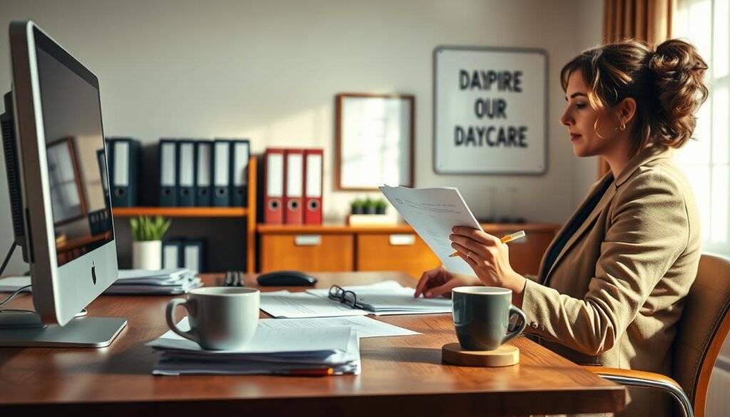 A well-lit office scene with a wooden desk, a computer, and a stack of paperwork. In the foreground, a woman in a professional attire sits at the desk, reviewing documents and making notes. Beside her, a cup of coffee sits on a coaster. In the background, a bookshelf filled with binders and a motivational wall poster are visible, creating a warm and productive atmosphere. The lighting is soft and natural, casting a gentle glow on the scene. The overall impression is one of a focused and organized daycare application process.