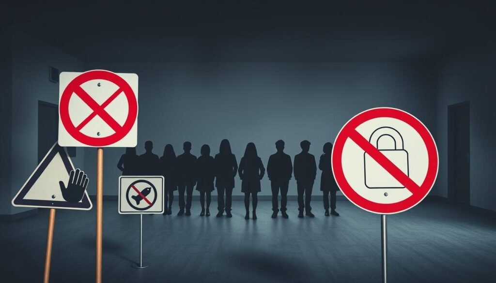 An expansive daycare facility set against a somber backdrop. In the foreground, a collection of warning signs and forbidden symbols - a red circle with a line, a crossed-out hand, a padlock icon - conveying the disqualifying factors that would prevent employment. The middle ground features a lineup of shadowy, anonymous figures, their faces obscured, representing the potential candidates barred from working with children. The background is a muted, muted palette of grays and blues, instilling a sense of gravity and seriousness. Dramatic lighting casts stark shadows, emphasizing the weight of the subject matter. The overall tone is one of caution, restriction, and the gravity of the responsibilities inherent in daycare work.