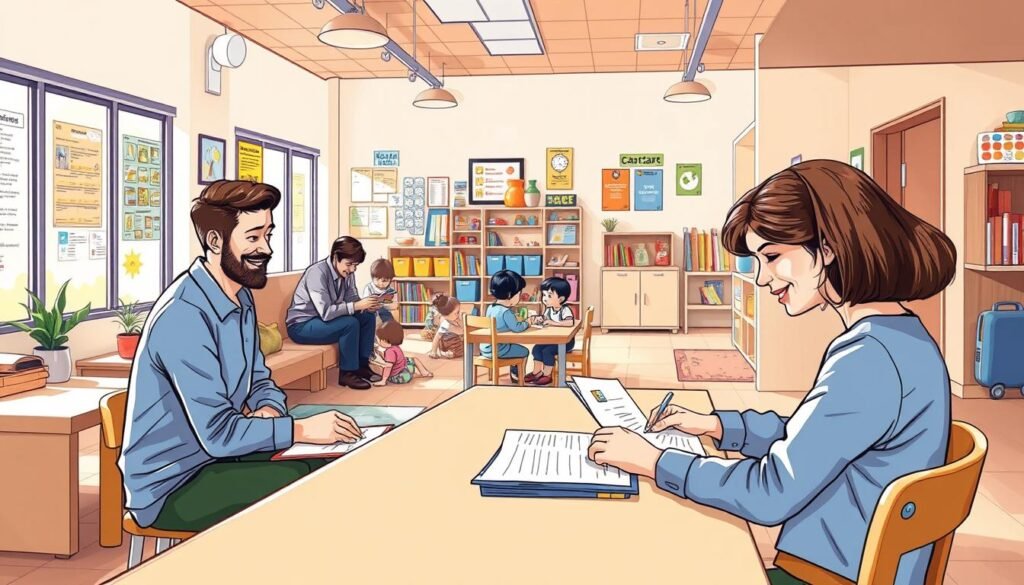 a detailed, high-resolution illustration of a childcare registration process in a warm, inviting atmosphere. the foreground depicts a parent sitting at a reception desk, filling out registration forms and paperwork with a friendly childcare worker assisting them. the middle ground shows a comfortable waiting area with parents and children interacting, reading books, and playing with toys. the background showcases the daycare's bright, colorful interior design with posters, artwork, and educational materials on the walls. the lighting is soft and natural, creating a calming, nurturing ambiance. the overall scene conveys a seamless, welcoming registration experience for families.