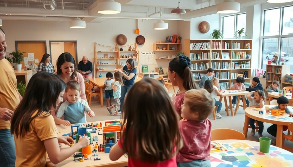 a vibrant, family-friendly community center, with a well-lit, spacious indoor play area where children of all ages engage in various activities. In the foreground, a group of parents and children participate in a cooperative game, laughing and interacting. In the middle ground, a STEM activity station where kids experiment with building blocks and circuits, guided by attentive instructors. The background features a cozy reading nook with plush pillows and shelves filled with diverse books, as well as an arts and crafts table where young artists create colorful masterpieces. The overall atmosphere is warm, inclusive, and promotes a sense of community and togetherness.
