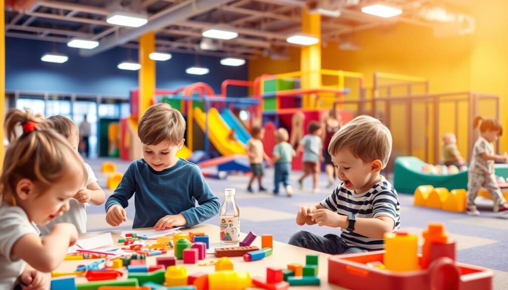 kids playing various activities in a brightly lit children's play area at a fitness center, with vibrant colors, soft lighting, and a warm, inviting atmosphere. Foreground features young children engaged in arts and crafts, building blocks, and other educational toys. Middle ground showcases a group of kids playing a game together, while the background depicts a supervised play area with ball pits, slides, and climbing structures. The scene conveys a sense of joy, discovery, and active engagement, creating an environment that caters to the needs and interests of young fitness club members.
